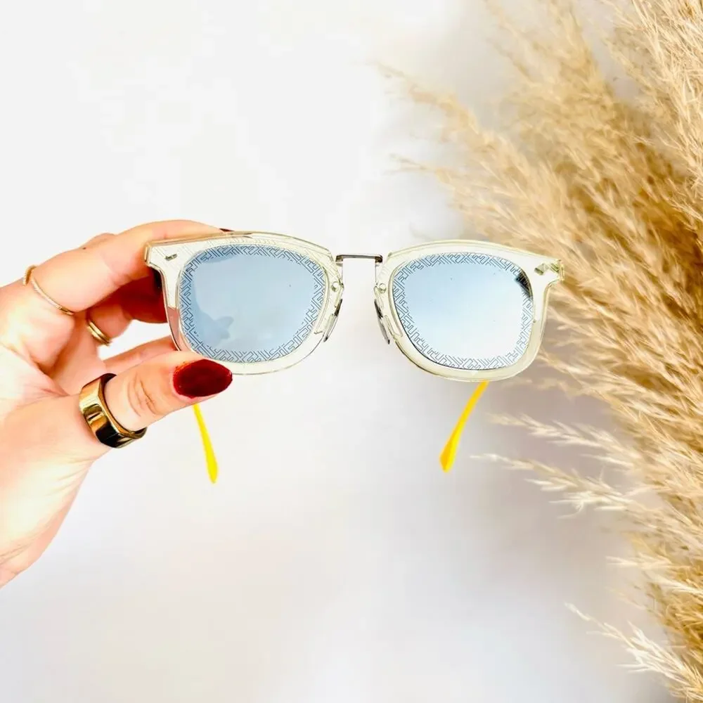 FENDI Logo Silver Yellow Metallic Grey Mirror Lens $595 Sunglasses Magnetic Case